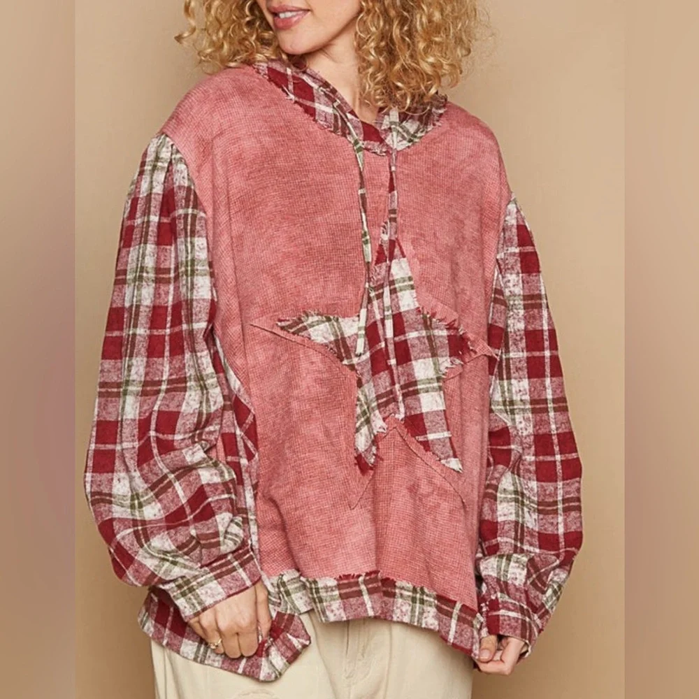 ✨NWT POL Plaid Patchwork Star Hoodie - Picture 1 of 2